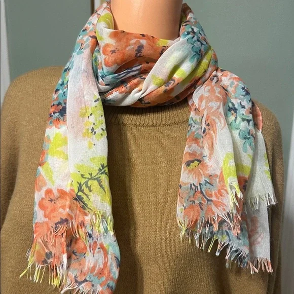 Floral Print Scarf with Orange and Green Accents