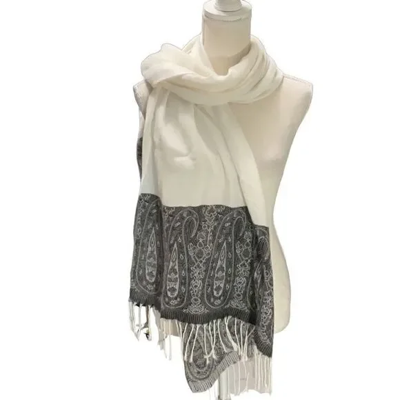 Scarf Wrap Cream Charcoal Paisley 3” Fringes 28” x 73”