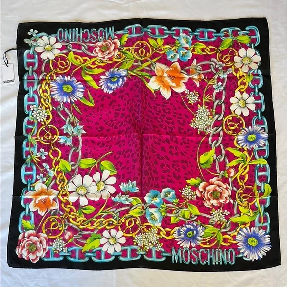 Moschino Fushia Square Floral Amimalier Silk Scarf NWT