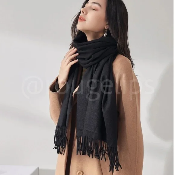 Black Wide Shawl Scarf With Tassels
