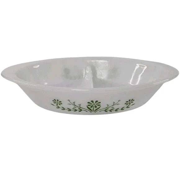 Glasbake Vintage White Milk Glass Divided‎ Serving Dish Green Floral Pattern