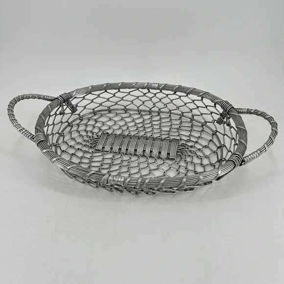 Vintage Style Oval Metal Wire Mesh Basket with Handles Silver Industrial Decor