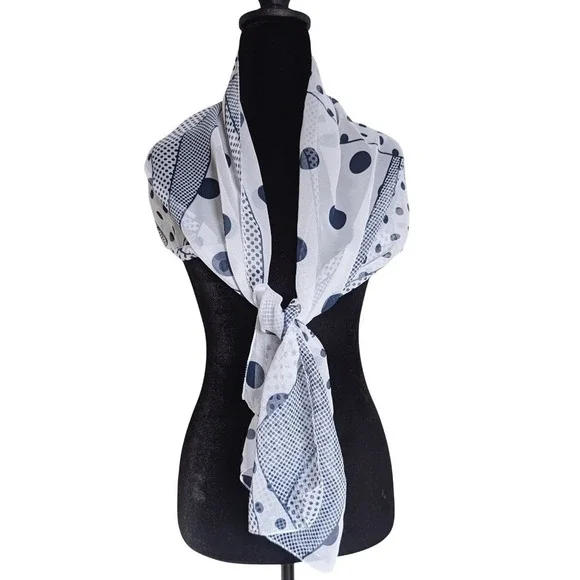 Vintage 90s Maximalism Romantic Navy Blue Geometric Polka Dot Sheer Silk Scarf