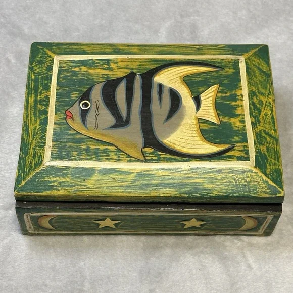 Vintage Hinged Wooden Box Hand Painted‎ Fish Moon & Stars Green Colorful