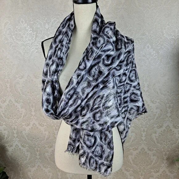 Metallic Animal Print Scarf Gray/Black/Silver Small Fringe on Ends