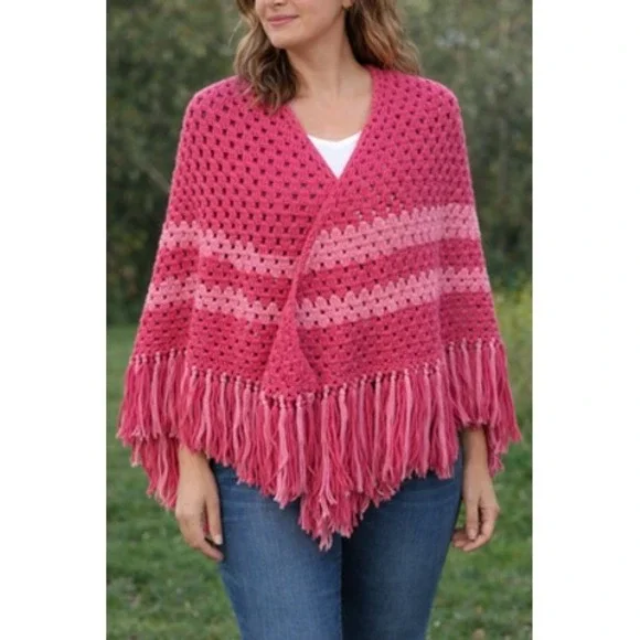 Crochet Shawl Wrap‎ Womens One Size Pink Striped Fringe Boho Handmade Poncho