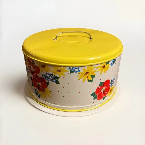 Vintage Mid-Century Floral Tin‎ Cake Carrier | Yellow Lid Polka Dots Cottagecore