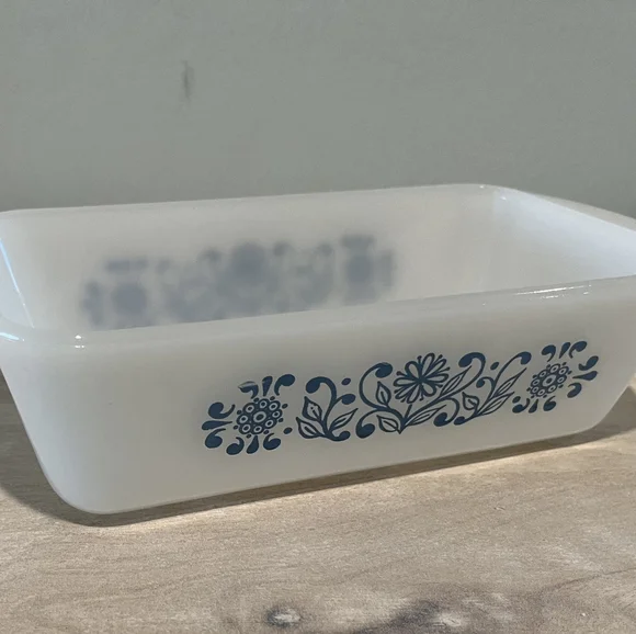 Rare, Vintage Glasbake Milk Glass Color Loaf Dish with Blue Floral Patte…