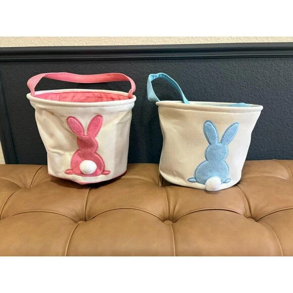 JM Manufacturing 2pc Easter Bunny Canvas Baskets Pink & Blue Tote Bags Pom Pom T