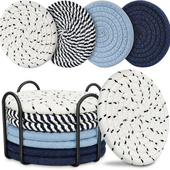 Boho Decor Coasters with Holder Bohemian Rope Farmhouse‎ Blue