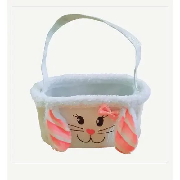 Oblong Cute Floppy Ear Bunny With Polka-dot Bow Easter Basket