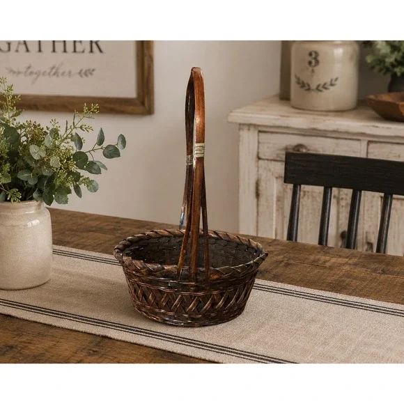 Vintage Dark Brown Wicker Gathering Basket Tall Handle Farmhouse Decor 10.5in