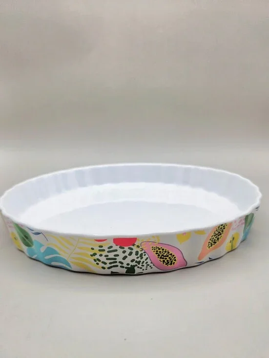 White Ceramic Pie Plate with Colorful Tropical Fruit on Outside Rim, NWOT