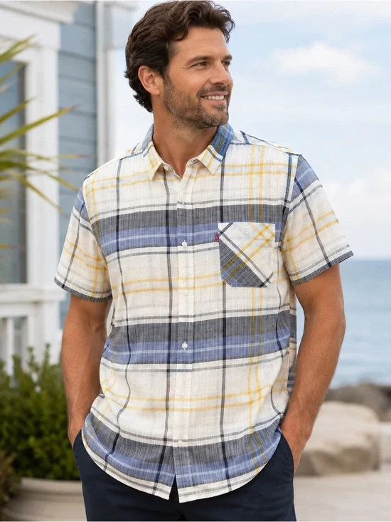 Levi's XXL Plaid Short Sleeve Button Front Shirt NWT Blue Yellow White Americana