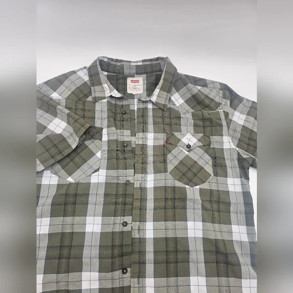 LEVI'S plaid cotton blend short sleeve button front‎ shirt men's Grn and Wht XL