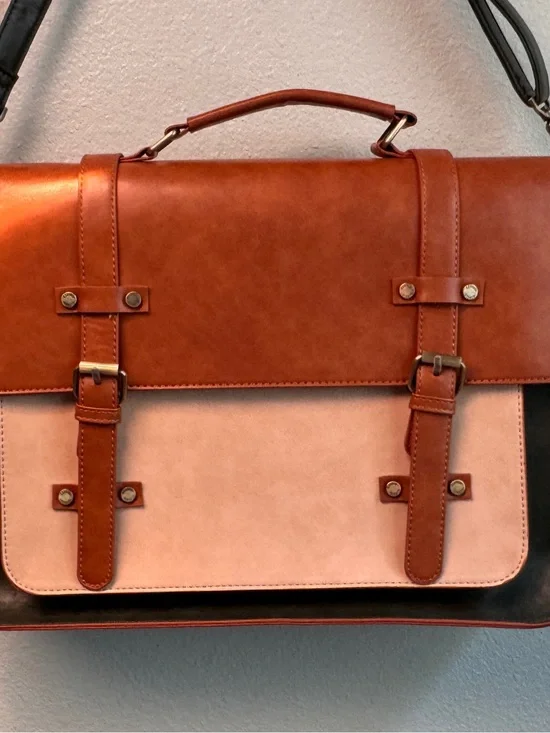 Three-Tone Chestnut Brown, Cream and Forest Green Leather Briefcase