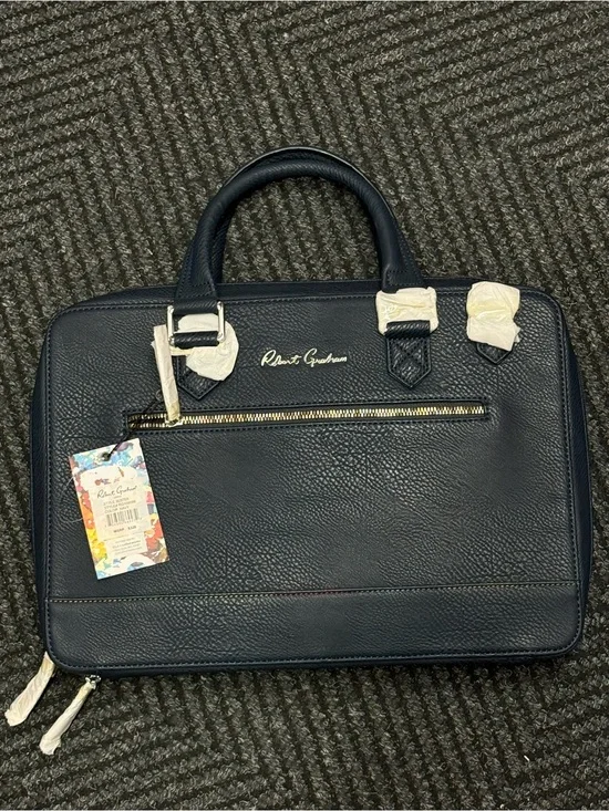 Robert Graham Navy Leather Briefcase with Gold Hardware