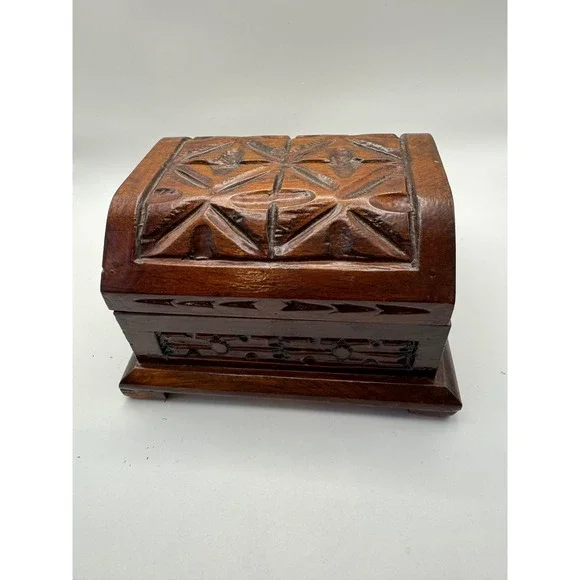 Hand Carved Wooden Jewelry Box Domed Lid Geometric Trinket Keepsake Chest Brown