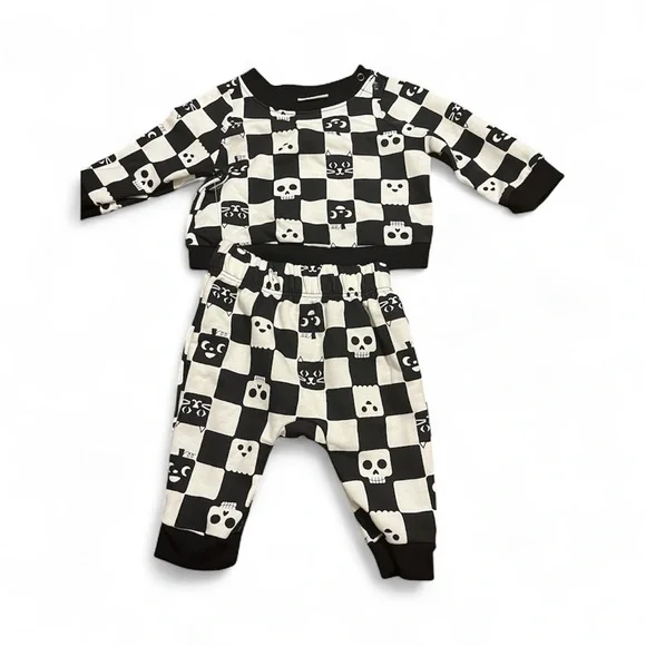 Kids Skull and Cat Checkered Pajama Set NWT
