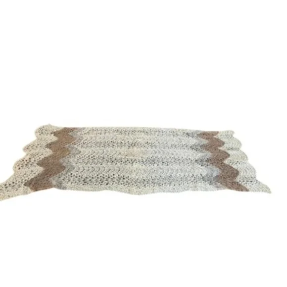 Handmade Crochet Chevron Shawl Neutral Earth Tone Scalloped Edge Wrap 63x21