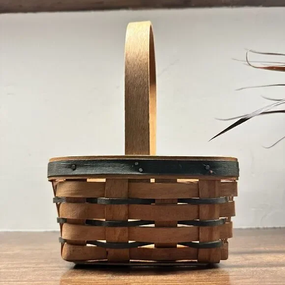 Vintage LONGABERGER 1993 Small Basket Dark Slats Green And Tan
