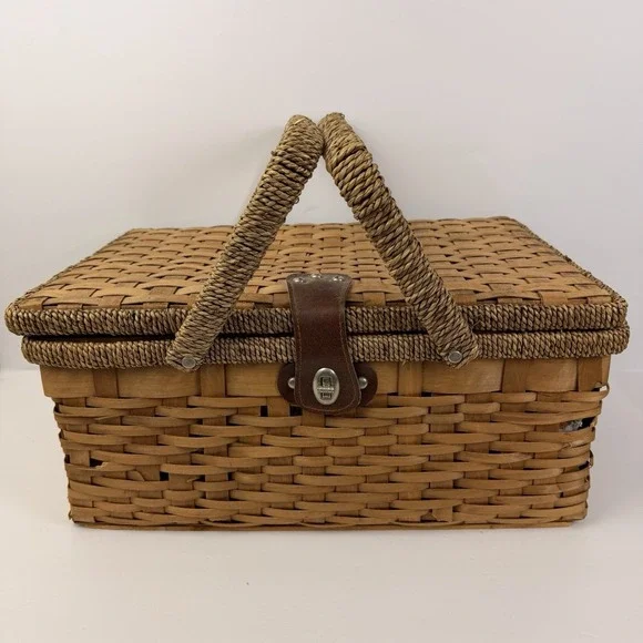 Vintage Woven Wicker Picnic Basket Floral Lined Cottagecore Boho Hamper