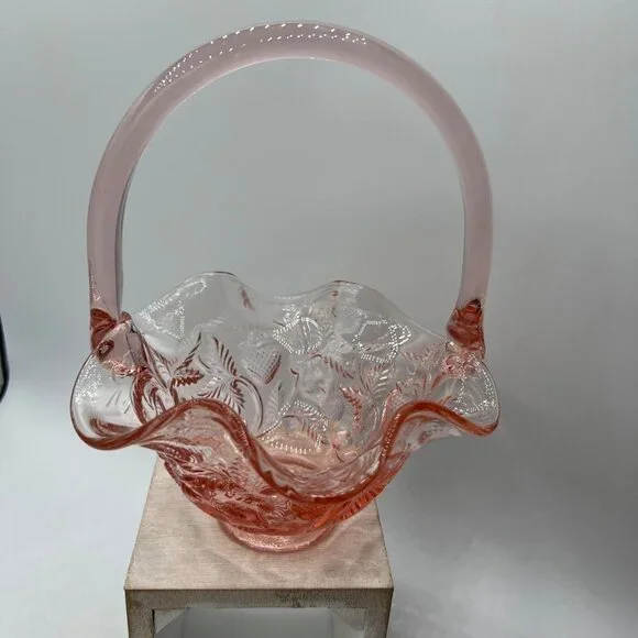 Dusty Rose by Fenton. Thin ruffled edges, rose pattern with applied handle.