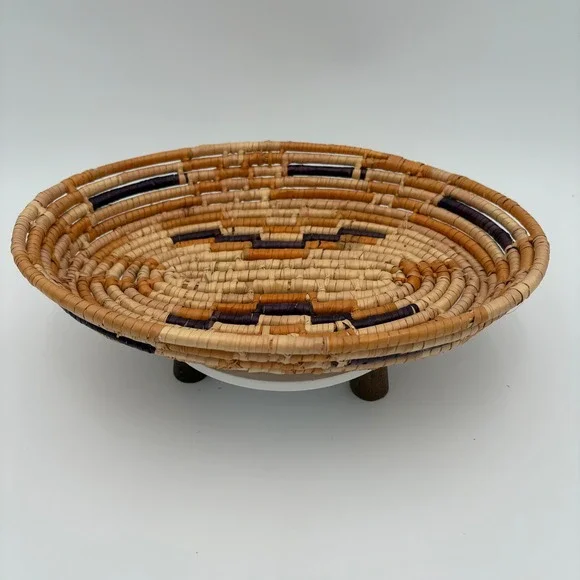 Vtg Handwoven Oval Butterfly Bowl Basket‎ Rustic Earth Tone Boho