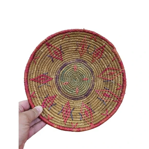 Vintage Southwestern Woven Rattan Wicker‎ Bowl Basket Geometric Sewn Design 10