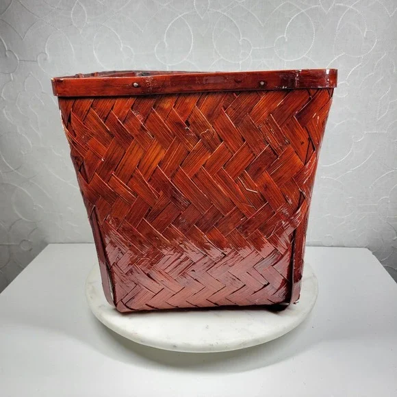 Vintage Lacquered Woven Bamboo Basket Bentwood Square Storage Basket Rustic