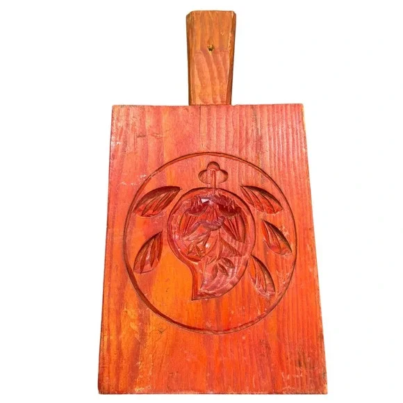 Vintage‎ Hand Carved Wooden Mooncake Mold Chinese Rice Cake Press Red Decor 11in