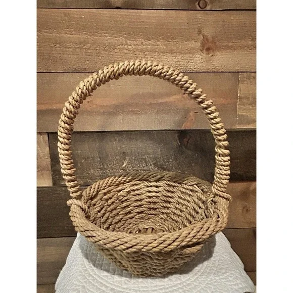 Vintage Woven Jute Rope Basket Round, Wicker And Jute Rope Weaving 12
