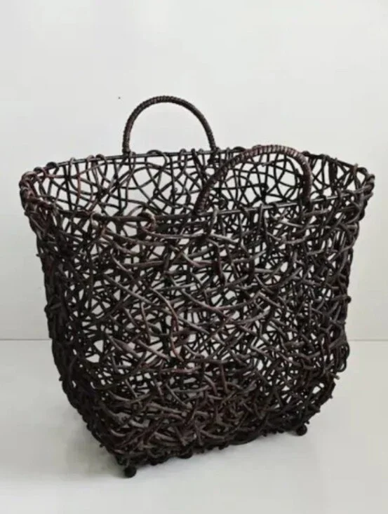Vintage Woven Grapevine And Metal Decorative Storage Basket - Dark Brown