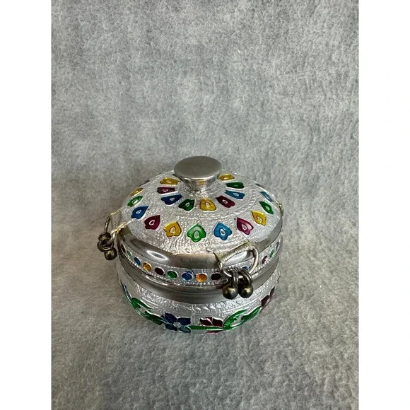 Handmade India Meenakari Enamel Metal Box Silver Floral‎ Heart Jingling Bells