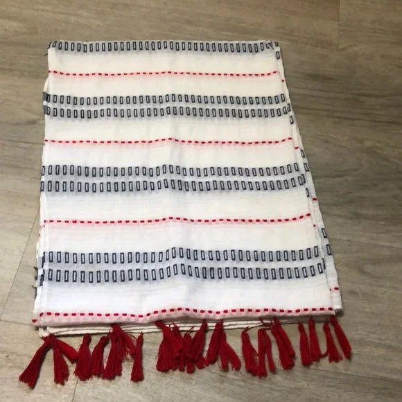 White Scarf with Red and Blue Stripes