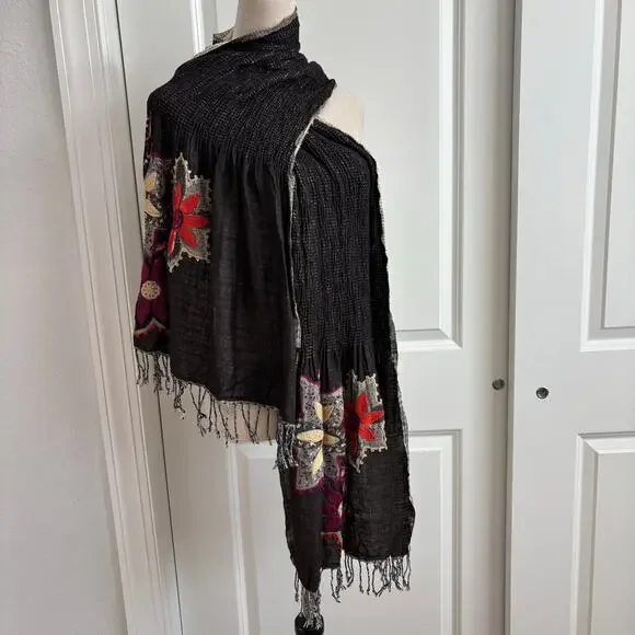 Embroidered Floral Smocked Pashmina Shawl Wrap Scarf Boho Fringe Reversible