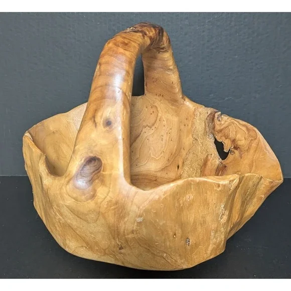 Vintage Hand Carved Burl Wood Rustic Wooden Basket with Handle So Much Character
