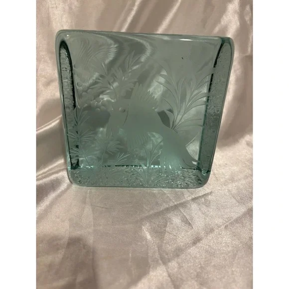 Etched Fish Paperweight Green Ice Block Signed Unique Carved Design