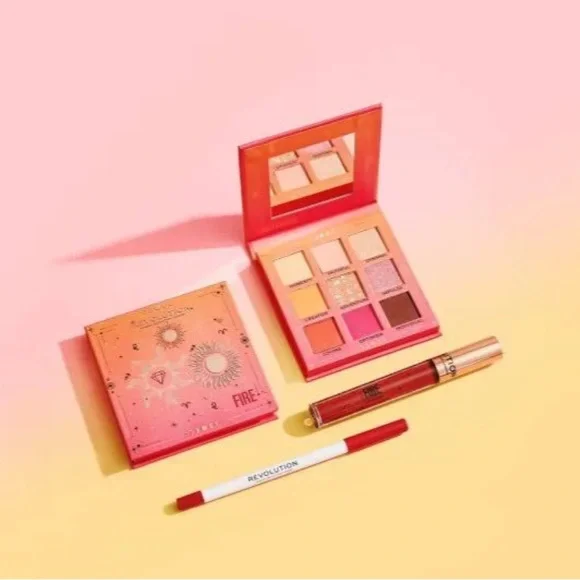 Revolution Fantasy 'Fire' Eyeshadow 9!Color Palette & Matching Lip Gloss & Liner