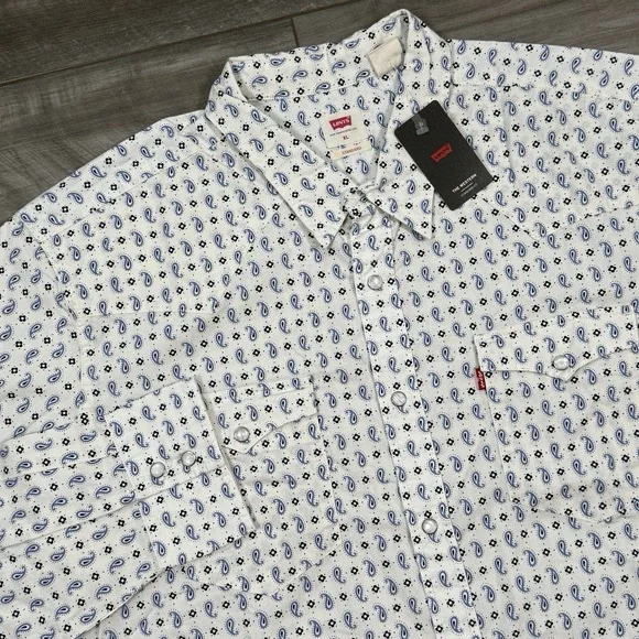 Levi's Mens Size XL Western Shirt White Paisley Pearl Snap Long Sleeve NWT