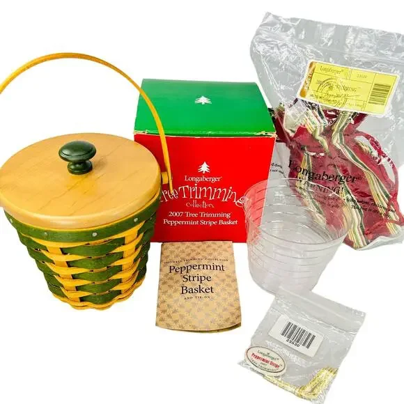 Longaberger PEPPERMINT STRIPE Tree Trimming Green Lid Liner Protector Tie-on Box