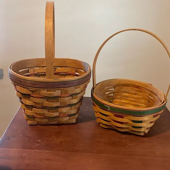 2- Longaberger Baskets W/ Red & Green Strips 1999 & 1995 w/Plastic Liner