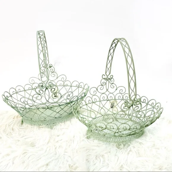 Metal Scroll Basket Set Retired New Dead stock Green Cottagecore