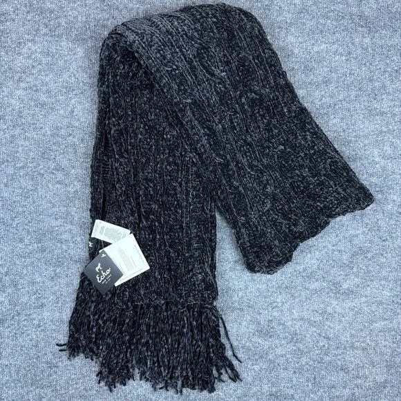 Echo New York Cable Knit Fringe Scarf Soft Cozy Plush Charcoal Black