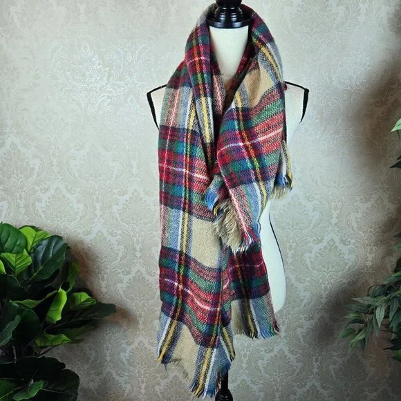 Large Square Plaid Blanket Scarf Red Green Cream Yellow Fringed Edges