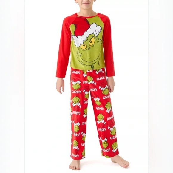 Kids The Grinch Santa Hat 2-Piece Fleece Pajama Set – Size 5T