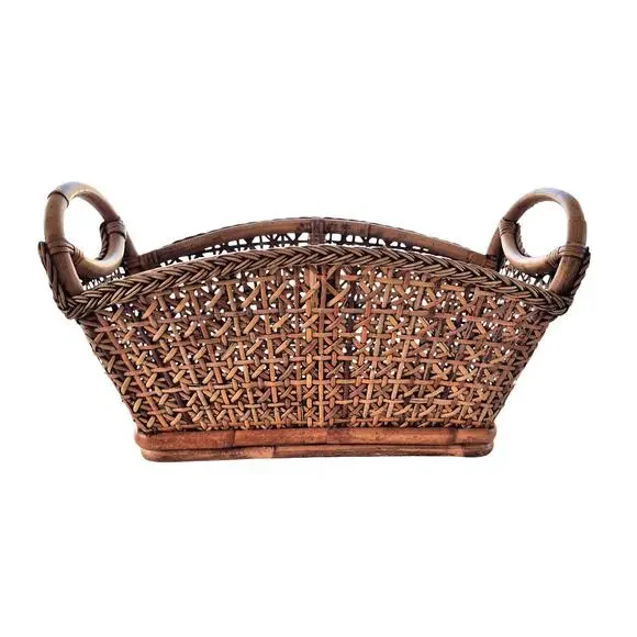 Vintage Rattan Woven Wicker Basket Magazine Rack 1960s Cottage Cabin Handles