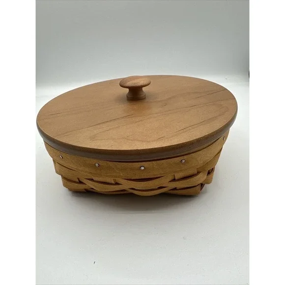 Longaberger Handwoven Round Basket with‎ Wood Lid 2001 Vintage  Office 18