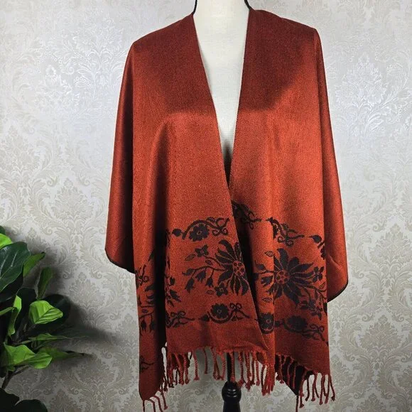 Unbranded Rust Orange Black Reversible Ruana Floral Accents Fringe