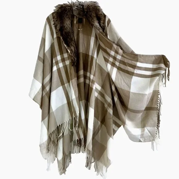 MIXIT One Size Faux Fur Collar Shawl Wrap Cape Poncho Neutral Cozy Fringe OSFM